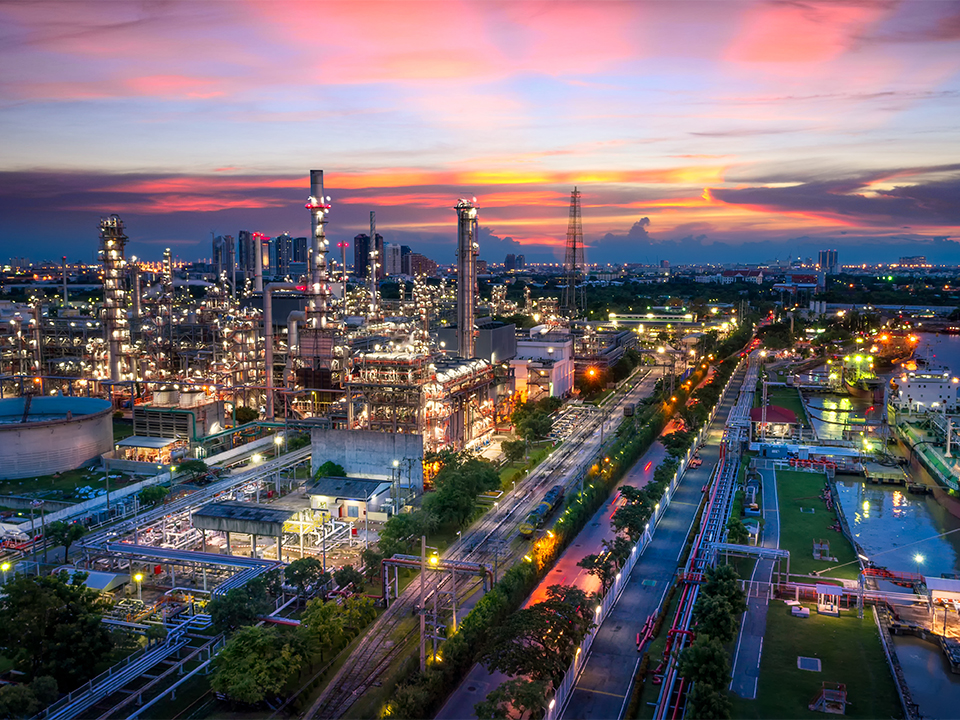 Aerial view of Oil and gas industry – refinery, Shot from drone of Oil refinery and Petrochemical plant  at twilight, Bangkok, Thailand